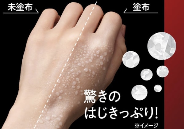 手の甲に日焼け止めが水を弾く様子