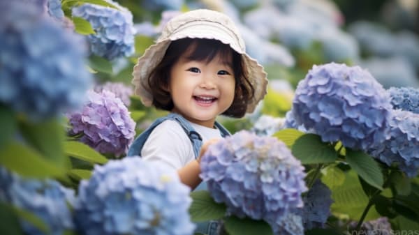 紫陽花と子どものポートレイト