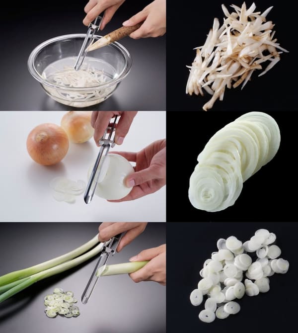縦型ピーラーでさまざまな野菜を切る