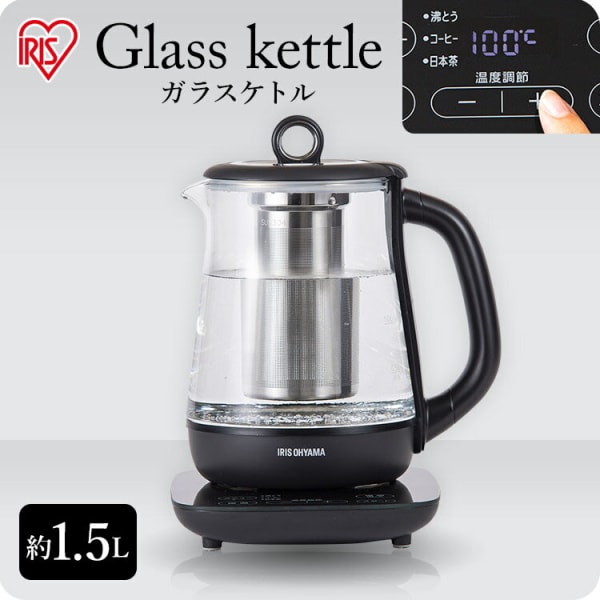 アイリスオーヤマ 電気ケトル（ガラス）IKE-G1500T-B